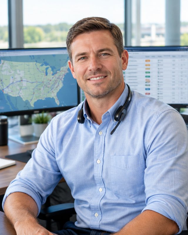 AI-generated portrait: dispatch lead in a light blue shirt, a headset around his neck, a US route map on the screens behind him