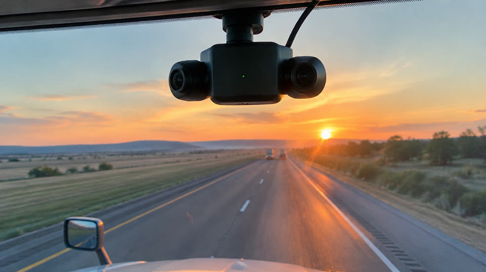 Dual-lens dash camera on a truck windshield